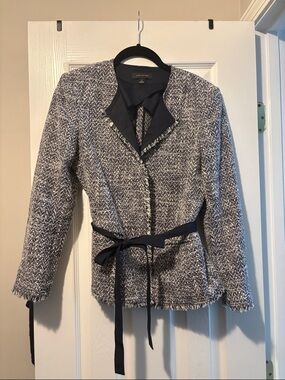 Ann Taylor Black and White Tweed Belted Blazer